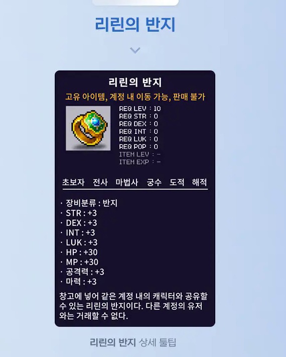 메이플 플래닛 리린의 반지 아이템 툴팁 — 아란 120레벨 달성 보상