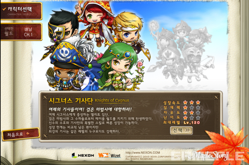 메이플랜드 2.0 시그너스 기사단 5인 직업 일러스트 — 소울마스터 플레임위자드 윈드브레이커 나이트워커 스트라이커