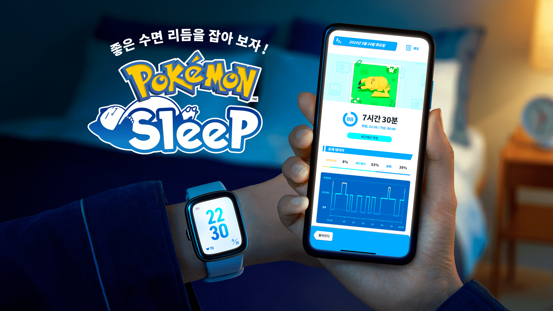 좋은 수면 리듬을 잡아 보자 문구와 수면 그래프 화면이 보이는 포켓몬 슬립 한국 공식 이미지